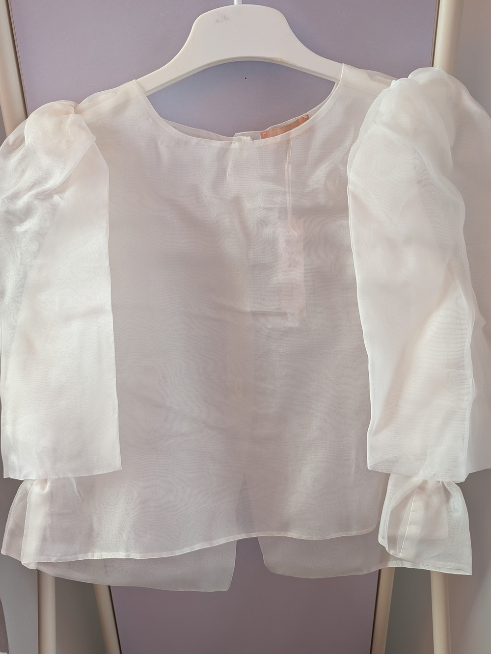 Sheer organza off-white oversized puff-sleeve blouse